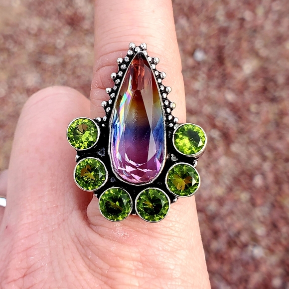 New Bi-Color Tourmaline & Peridot 925 Silver Ring. - Picture 5 of 12